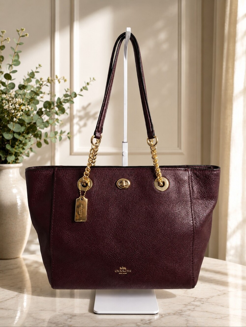 Coach Turnlock Chain Tote 27 Oxblood Pebble Leather Shoulder Bag Gold Hardware